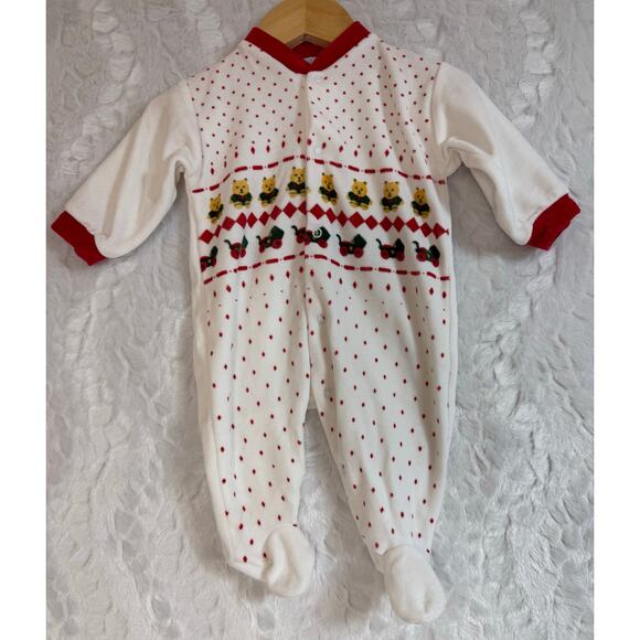 Vintage 80s Velvet Velour Christmas Bears Toys One-Piece Sleeper Romper Baby 6M - Picture 1 of 11